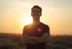 Person standing confidently at sunrise with a calm smile, symbolizing a positive mental attitude, optimism, and inner strength.