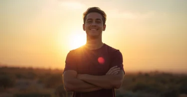 Person standing confidently at sunrise with a calm smile, symbolizing a positive mental attitude, optimism, and inner strength.