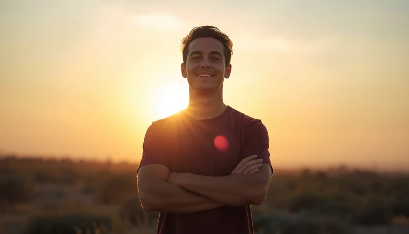 Person standing confidently at sunrise with a calm smile, symbolizing a positive mental attitude, optimism, and inner strength.