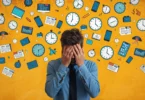A stressed person overwhelmed by notifications, clocks, and tasks, symbolizing the tyranny of urgency and constant pressure to act quickly.