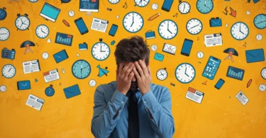 A stressed person overwhelmed by notifications, clocks, and tasks, symbolizing the tyranny of urgency and constant pressure to act quickly.