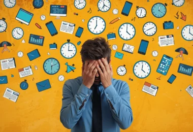 A stressed person overwhelmed by notifications, clocks, and tasks, symbolizing the tyranny of urgency and constant pressure to act quickly.