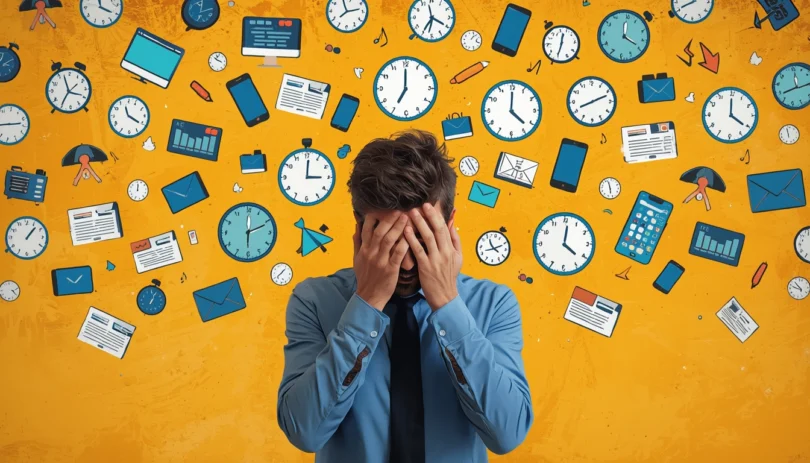 A stressed person overwhelmed by notifications, clocks, and tasks, symbolizing the tyranny of urgency and constant pressure to act quickly.