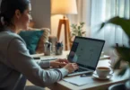 Person working on a laptop while relaxing at home, representing work life balance and stress-free productivity