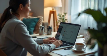 Person working on a laptop while relaxing at home, representing work life balance and stress-free productivity
