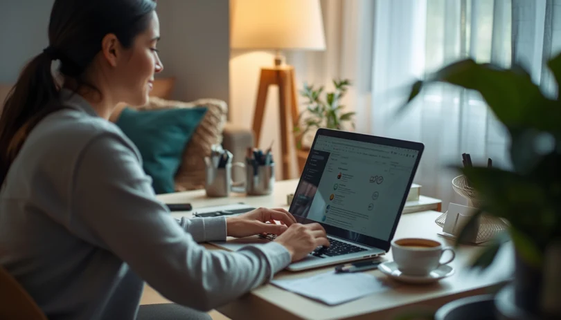 Person working on a laptop while relaxing at home, representing work life balance and stress-free productivity