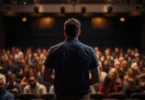 Public speaking fear with nervous speaker standing in front of an audience feeling anxiety and stage fright