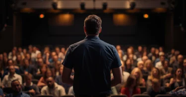 Public speaking fear with nervous speaker standing in front of an audience feeling anxiety and stage fright
