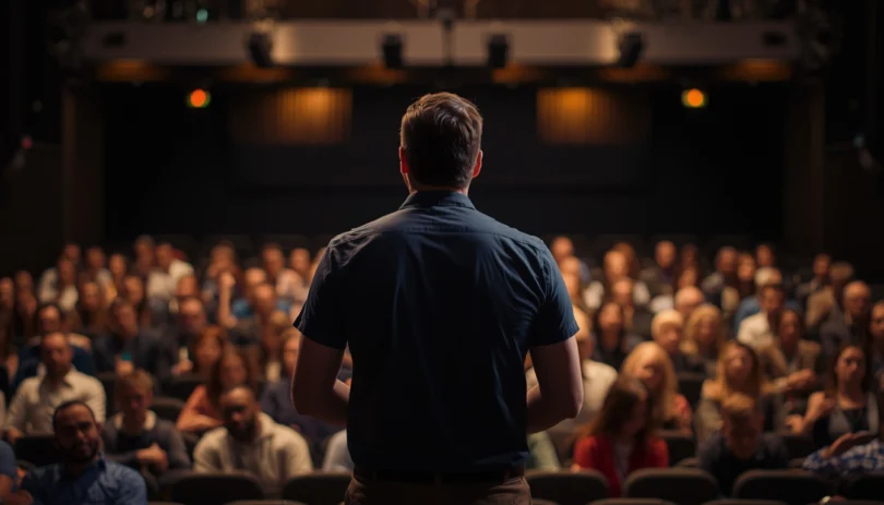 Public speaking fear with nervous speaker standing in front of an audience feeling anxiety and stage fright