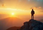 Person standing on a mountain representing personal improvement and mindset growth