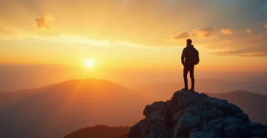 Person standing on a mountain representing personal improvement and mindset growth