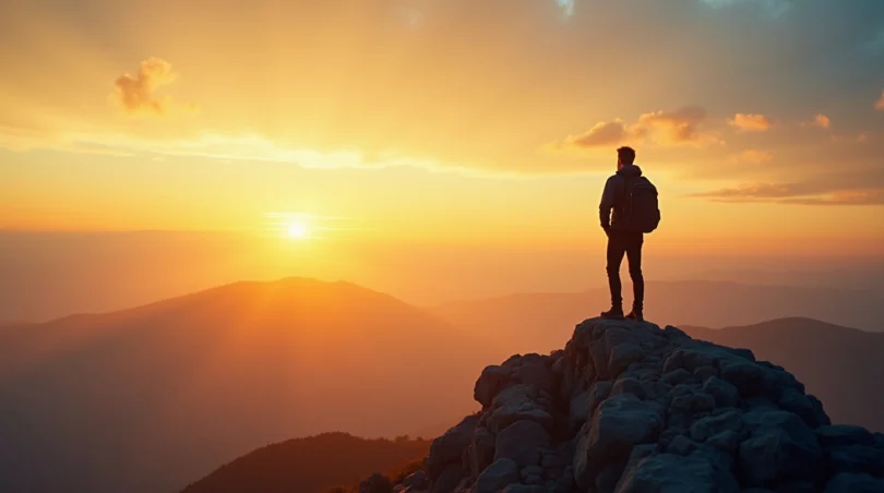 Person standing on a mountain representing personal improvement and mindset growth
