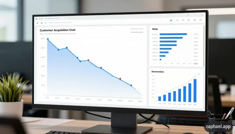 Marketing dashboard illustrating lower customer acquisition cost and improved business growth