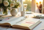Couple discussing wedding planning ideas with a wedding planner while reviewing a wedding checklist and venue details.