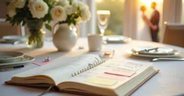 Couple discussing wedding planning ideas with a wedding planner while reviewing a wedding checklist and venue details.