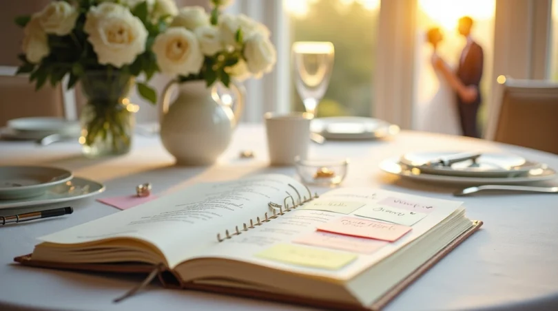 Couple discussing wedding planning ideas with a wedding planner while reviewing a wedding checklist and venue details.