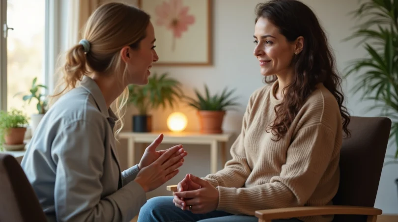 Therapist guiding a client through EMDR therapy for anxiety and trauma recovery in a calm counseling office
