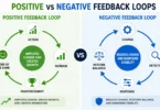 Diagram showing positive feedback loop vs negative feedback loop with arrows illustrating reinforcement and balance in behavior and biology.