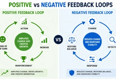 Diagram showing positive feedback loop vs negative feedback loop with arrows illustrating reinforcement and balance in behavior and biology.