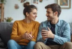 Couple sitting together discussing relationship challenges, symbolizing love and compatibility in a healthy relationship.