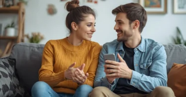 Couple sitting together discussing relationship challenges, symbolizing love and compatibility in a healthy relationship.