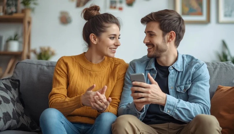 Couple sitting together discussing relationship challenges, symbolizing love and compatibility in a healthy relationship.