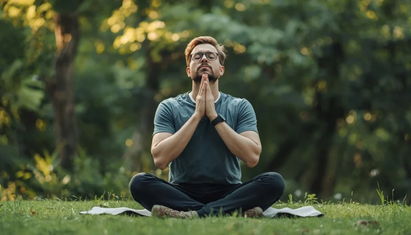 Person sitting quietly in nature practicing deep breathing to recover from emotional flooding and feeling emotionally overloaded.
