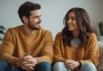 Couple sitting together talking calmly, representing how to better communicate with your partner through active listening and emotional connection.