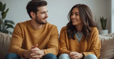 Couple sitting together talking calmly, representing how to better communicate with your partner through active listening and emotional connection.