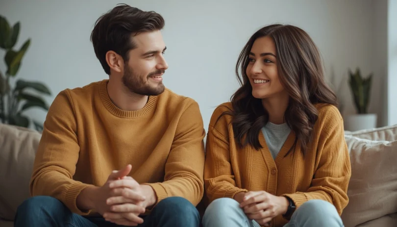 Couple sitting together talking calmly, representing how to better communicate with your partner through active listening and emotional connection.