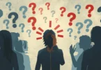 Person standing at a crossroads looking nervous and anxious while silhouettes of judging people surround them, representing fear of judgment and self-doubt.