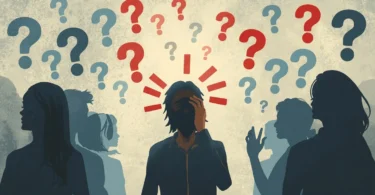 Person standing at a crossroads looking nervous and anxious while silhouettes of judging people surround them, representing fear of judgment and self-doubt.