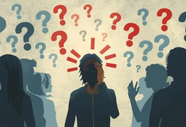 Person standing at a crossroads looking nervous and anxious while silhouettes of judging people surround them, representing fear of judgment and self-doubt.