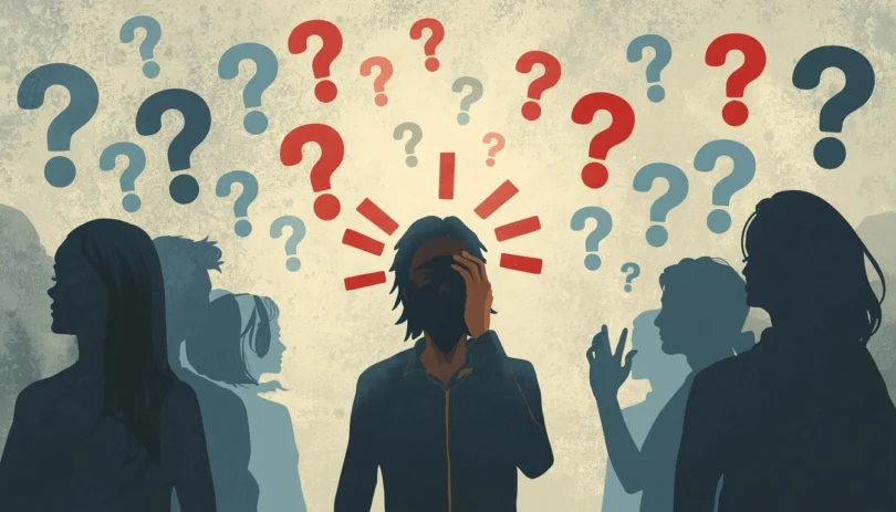 Person standing at a crossroads looking nervous and anxious while silhouettes of judging people surround them, representing fear of judgment and self-doubt.