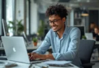 Employee working independently at a modern desk, managing tasks on a laptop, representing autonomy at work and productivity in a flexible environment.