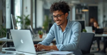 Employee working independently at a modern desk, managing tasks on a laptop, representing autonomy at work and productivity in a flexible environment.