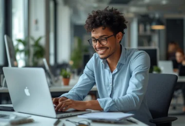 Employee working independently at a modern desk, managing tasks on a laptop, representing autonomy at work and productivity in a flexible environment.