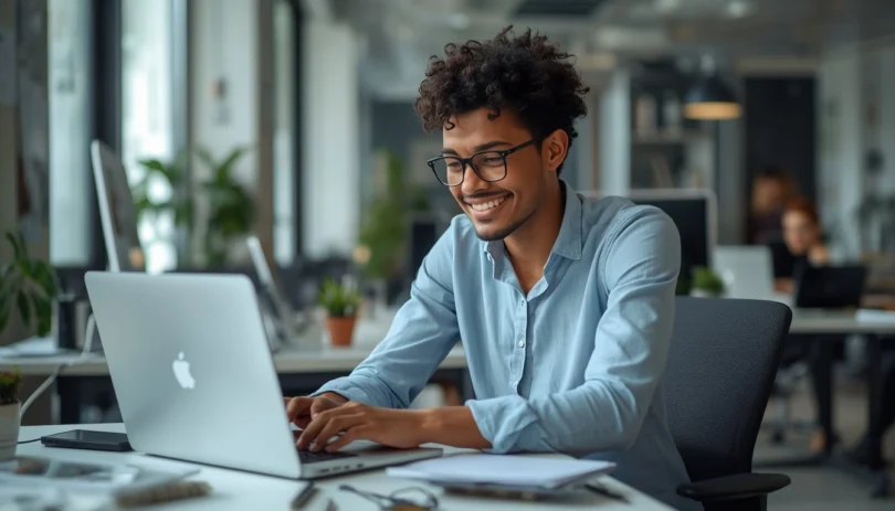 Employee working independently at a modern desk, managing tasks on a laptop, representing autonomy at work and productivity in a flexible environment.