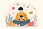 Stop comparing yourself to others concept showing a person feeling insecure while scrolling social media on a phone and focusing on self-growth and confidence.