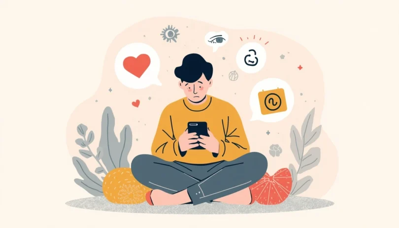 Stop comparing yourself to others concept showing a person feeling insecure while scrolling social media on a phone and focusing on self-growth and confidence.