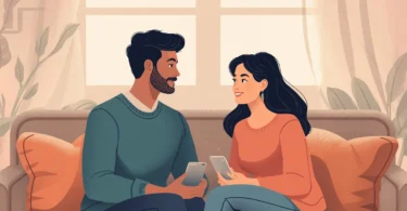 Couple sitting together talking warmly, representing couples communication intimacy and emotional connection in a healthy relationship.