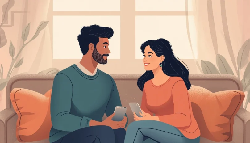 Couple sitting together talking warmly, representing couples communication intimacy and emotional connection in a healthy relationship.