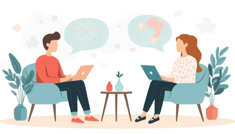 Couples therapy for communication showing a couple talking calmly with a therapist, improving emotional connection and relationship skills