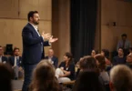Person overcoming glossophobia fear of public speaking, confidently presenting to an audience with calm posture and clear expression.