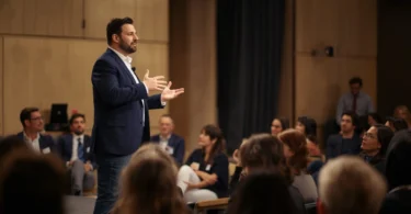 Person overcoming glossophobia fear of public speaking, confidently presenting to an audience with calm posture and clear expression.