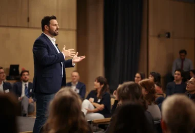 Person overcoming glossophobia fear of public speaking, confidently presenting to an audience with calm posture and clear expression.