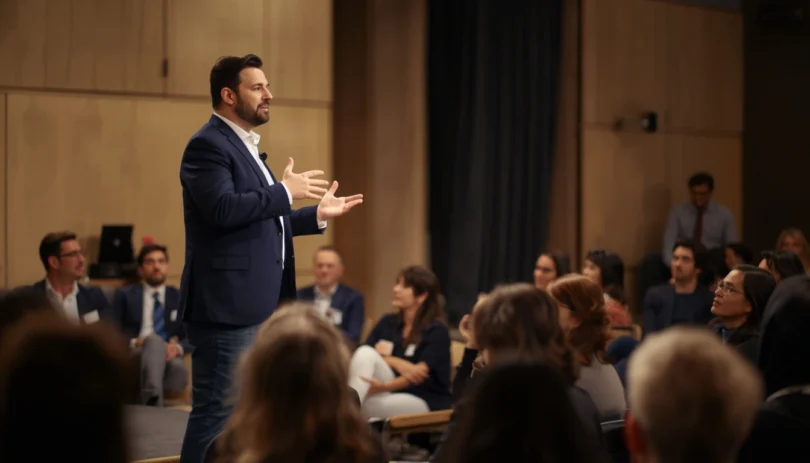Person overcoming glossophobia fear of public speaking, confidently presenting to an audience with calm posture and clear expression.