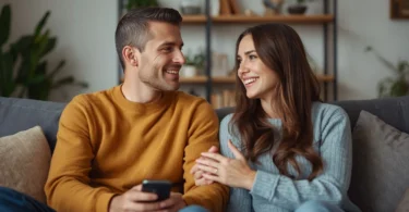 Couple practicing improving communication skills in marriage through calm conversation, active listening, and emotional understanding at home.