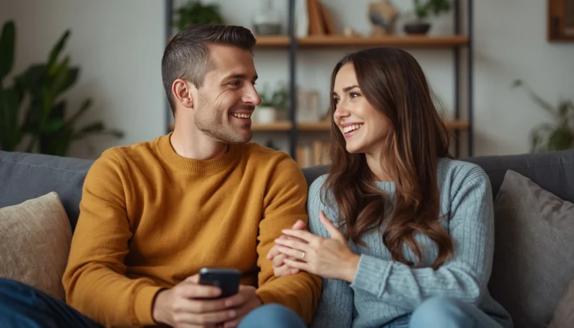 Couple practicing improving communication skills in marriage through calm conversation, active listening, and emotional understanding at home.