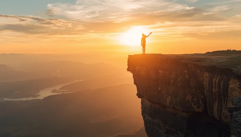 Person standing at edge of cliff symbolizing risk-taking, embracing uncertainty, and personal growth